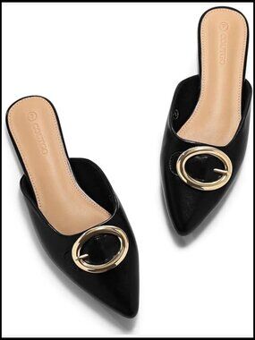 Pointed Toe Mules Slip On Flats Elegant Metal Buckle Minimal Chic Summer Shoes